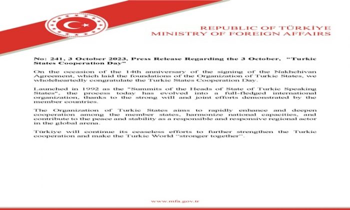 Press Release Regarding the 3 October, “Turkic States Cooperation Day”
